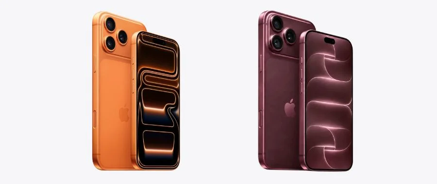 Side by side images of the orange iPhone 17 Pro and the burgundy iPhone 18 Pro.