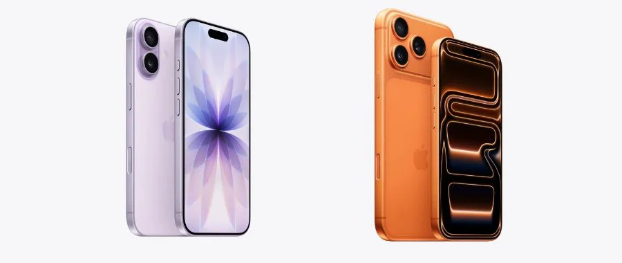 Side-by-side photos of front and back views of the lavender iPhone 17 and the orange iPhone 17 Pro.