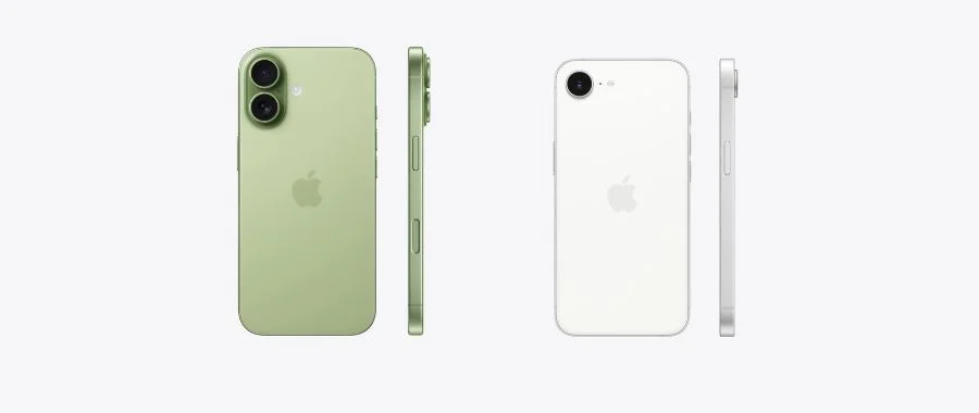 Side by side images of green iPhone 17 and white iPhone 17E