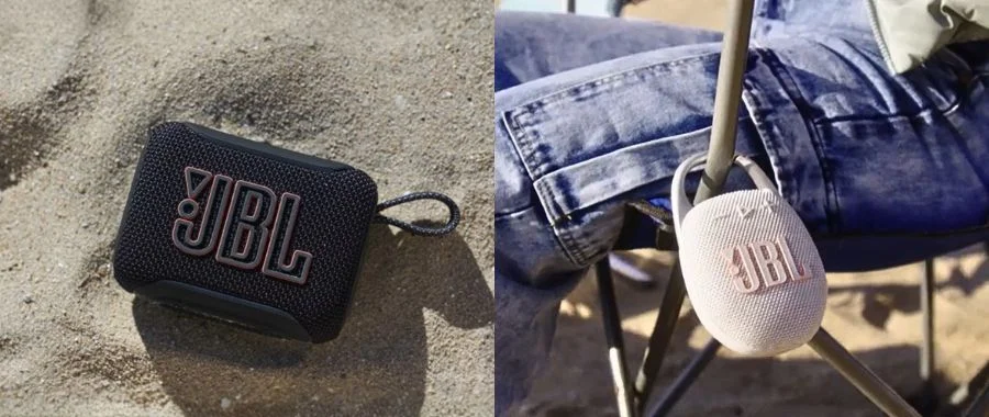 Side-by-side images of black JBL Go 5 speaker in the sand and a white JBL Clip 5 clipped to a camping chair.