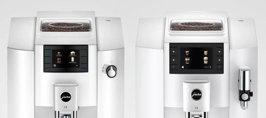 side-by-side image of white Jura E6 touch display and white Jura E8 touch display