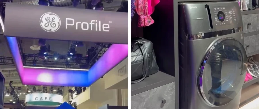 The GE Profile exhibition sign at KBIS 2025 and a photo of a GE Profile laundry appliance