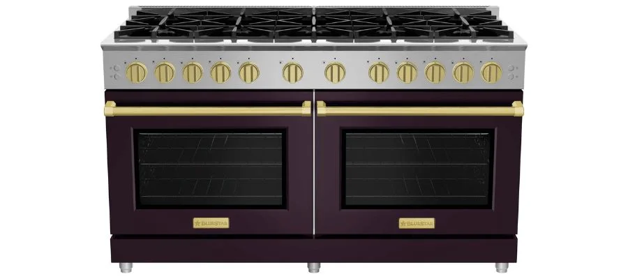 Static photo of a 60-inch BlueStar Platinum Series gas range in the new Purple Violet color.