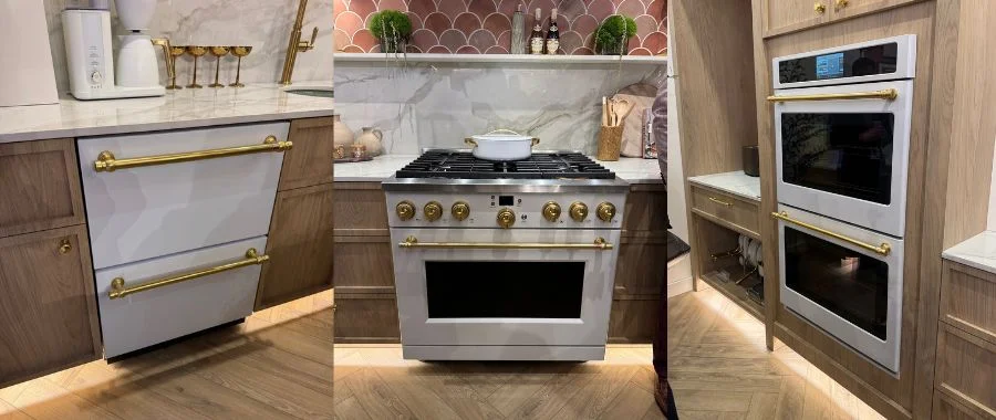 Cafe white double dish drawer, gas range and double oven with antique-style brass hardware
