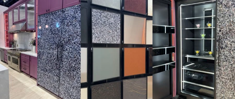 Side-by-side images of kitchen with blue panel-ready refrigerator and stainless steel range, a wall of different appliance panels, and the obsidian interior of a JennAir Refrigerator.