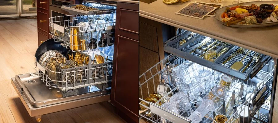 Monogram's new dishwasher model opened in a high-end kitchen.