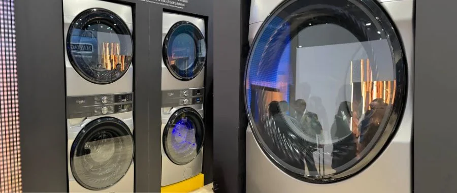 Two views of the UV clean Whirlpool stackable washer-dryer, with a zoomed-in view on the right