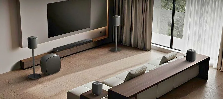 The LG Sound Suite setup in a modern, minimalist living room.
