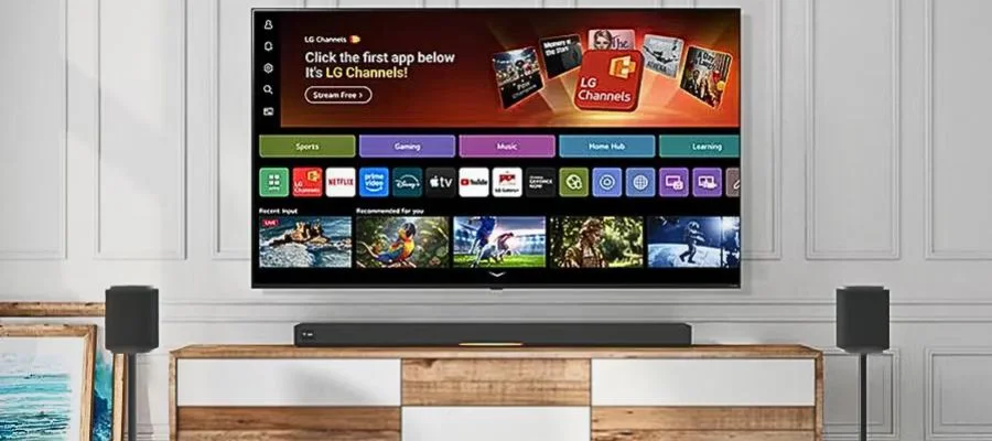 The LG QNED84B TV displaying the various available channels offered.