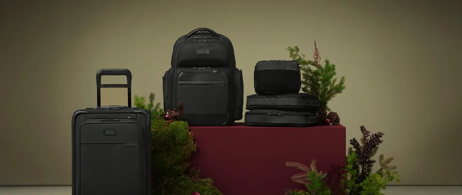 Luggage stacked together around holiday boughs against a beige/green background