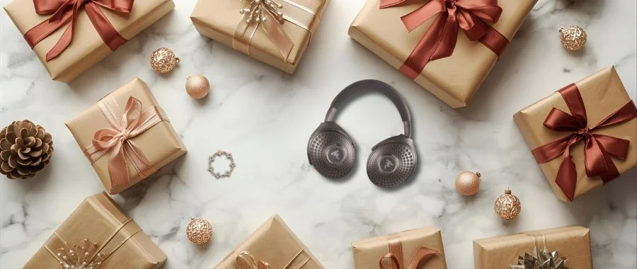 Flat lay of headphones and a diamond bracelet surrounded by wrapped gifts on a marble surface.