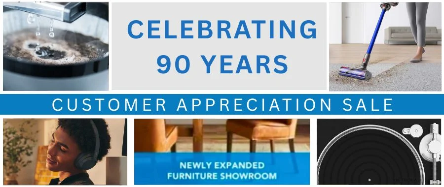 A banner for the Abt March Customer Appreciation Sale of 2026 with a dyson stick vacuum, turntable, person with headphones and brewed coffee. 'Newly Expanded Furniture Showroom' text is displayed.