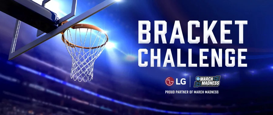 A basketball backboard beside the words 'Bracket Challenge: LG, Proud Partner of March Madness'
