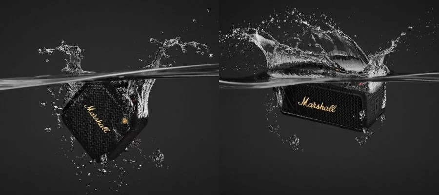 Stylized photo of Marshall Willen and Emberton speakers splashing in water.