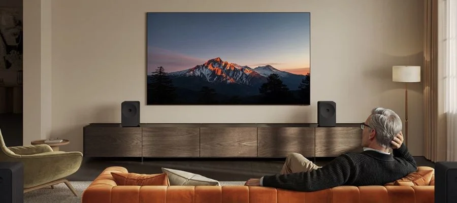 Two Samsung Music Studio 7 speakers set up beside a flatscreen TV.