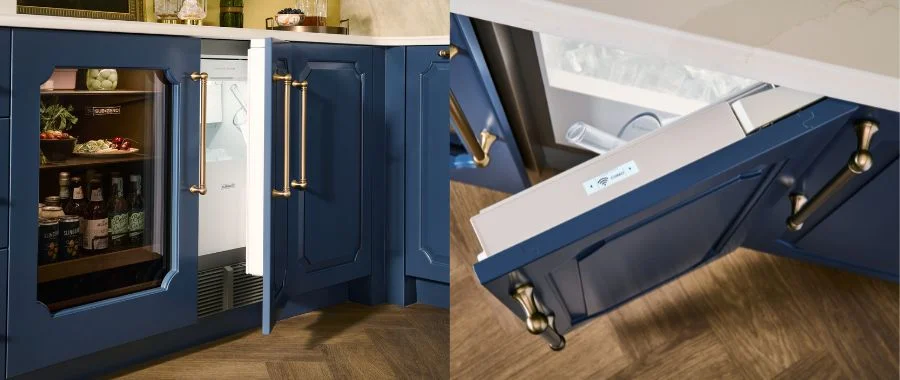 Side-by-side images of a Sub-Zero ice maker with a blue panel, door ajar.