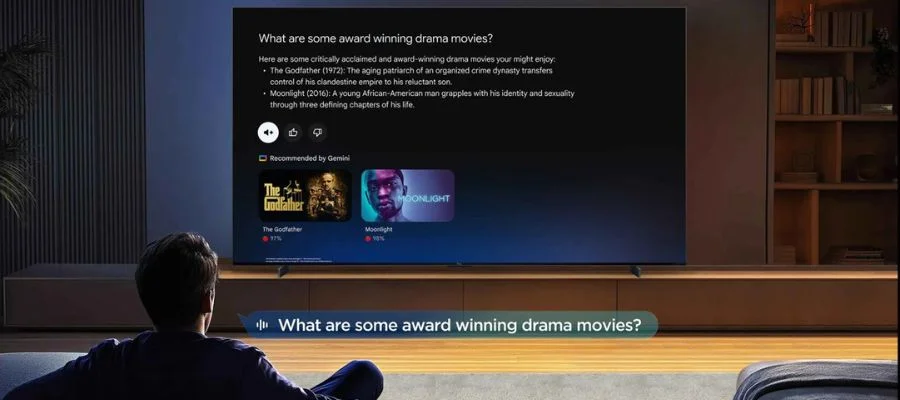 A person using the Google Gemini feature on the TCL X11L TV. alt