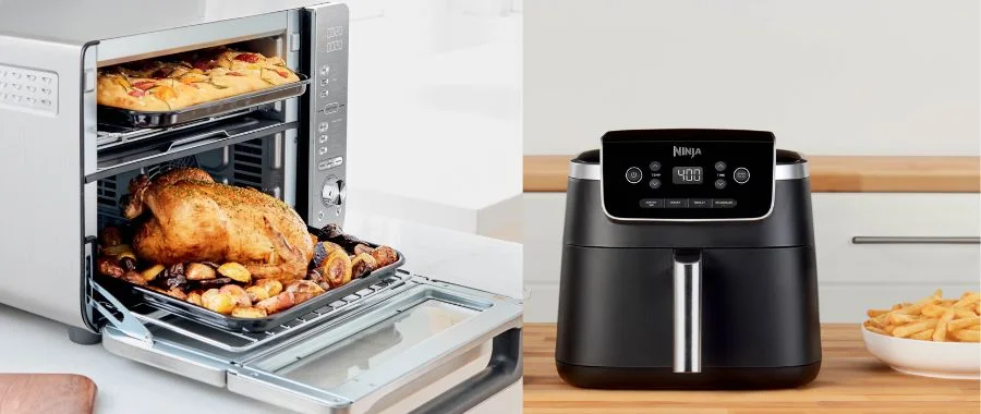 A chicken being pulled from an air fryer/toaster oven combo along with a classic Ninja air fryer beside fries.