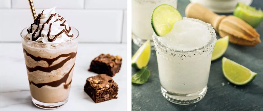 A milkshake or coffee drink beside a frozen cocktail drink, both made in the Ninja CREAMi