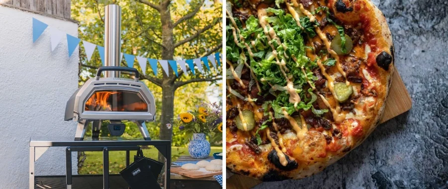 An Ooni pizza oven on the left and a bacon cheeseburger pizza on the right