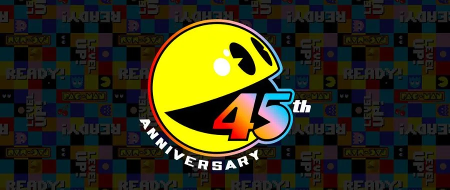 Pac Man with the text 45th anniversary on a background of Pac Man imagery