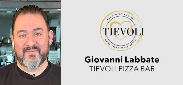Headshot of Giovanni Labbate next to Tievoli Pizza logo