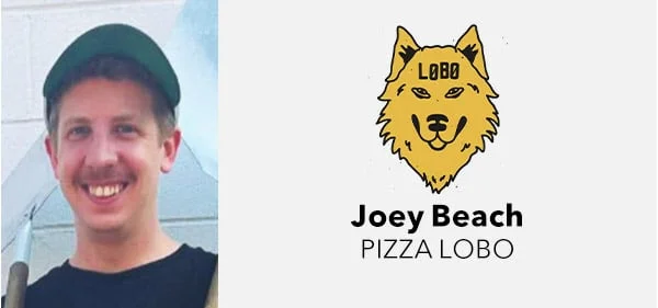 Headshot of Joey Beach next to Pizza Lobo logo, a yellow wolf.