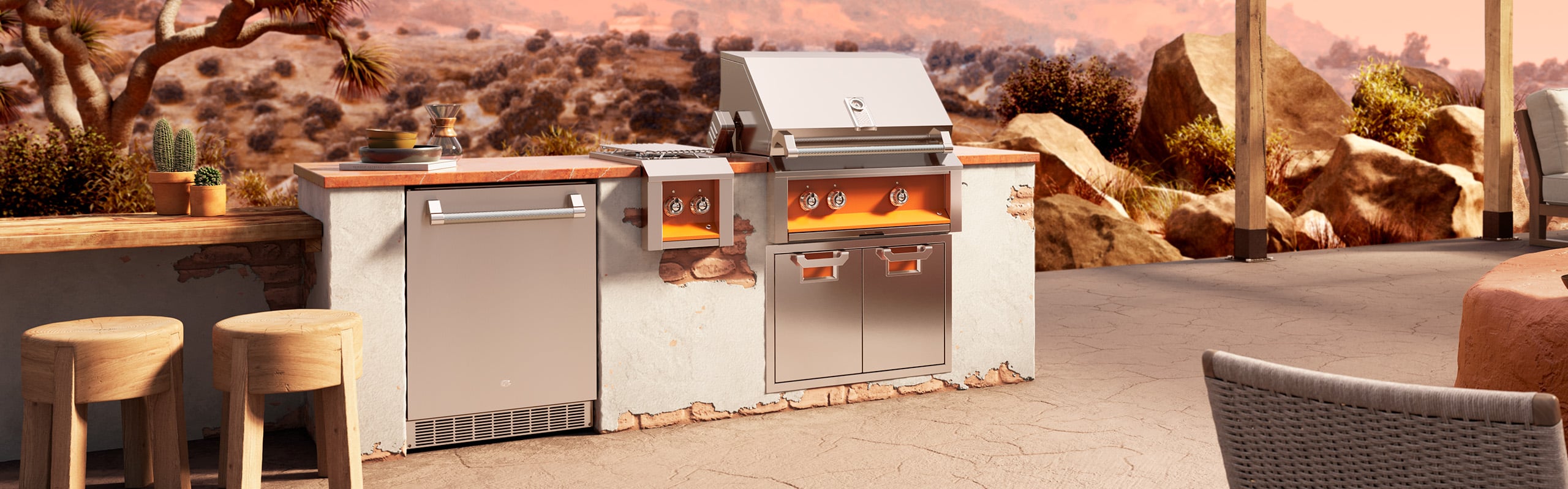 A stainless steel built in outdoor grill with bright orange accents