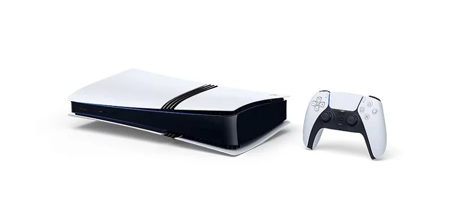 The PS5 Pro lying on its side with the DualSense wireless controller.