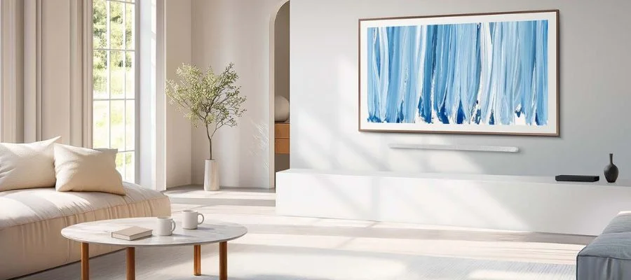 The Samsung Frame Pro mounted to the wall of a modern living room.