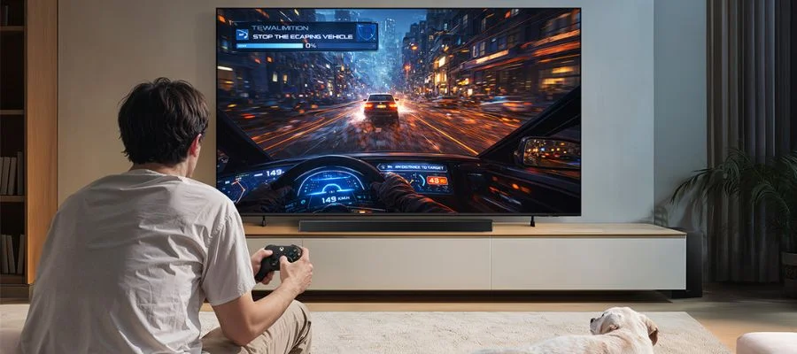 Man playing a racing video game on a Samsung M80H TV.