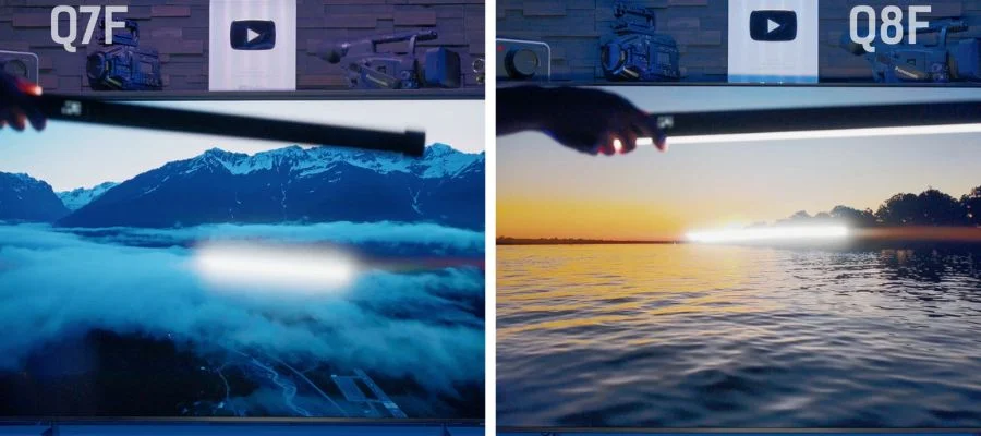 Side-by-side images of a person holding a light in front of the Samsung Q7F and Q8F televisions to demonstrate glare on the screen.