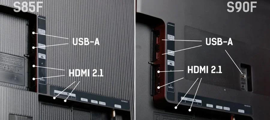 Side by side images of the back of the S85F and S90F TVs, demonstrating the available inputs on each TV.