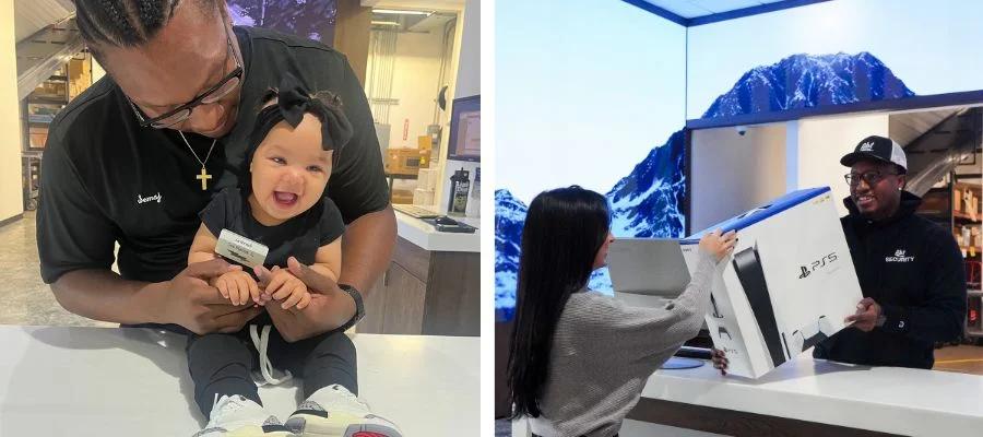 On the left, Semaj holds his daughter Savannah who wears an Abt nametag. On the right, he hands a customer a PlayStation 5.