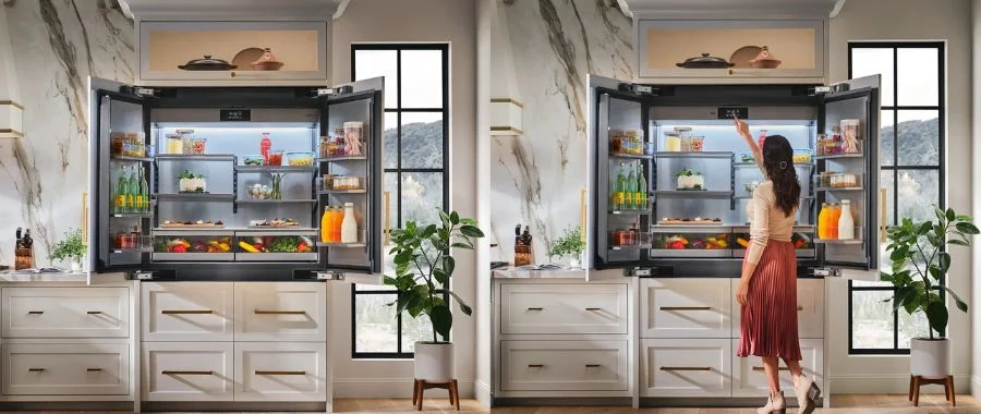 Side by side images of the SKS built-in French door refrigerator open and a woman adjusting the temperature in the fridge.