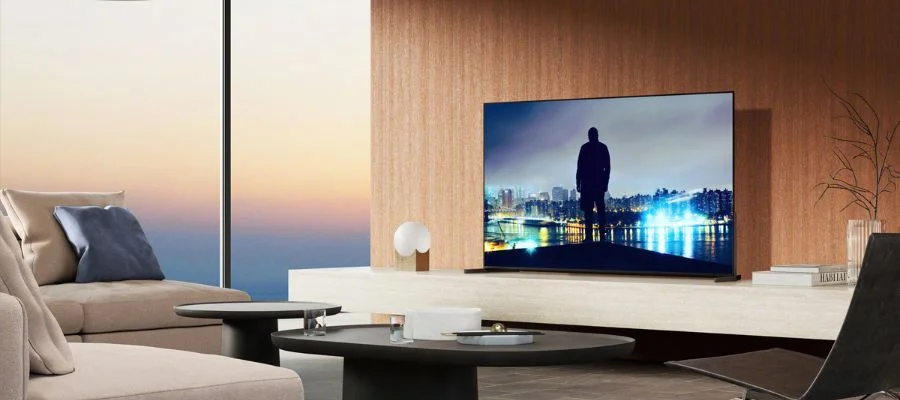 A Sony Bravia 8 TV on a stand in a living room beside bright full windows.
