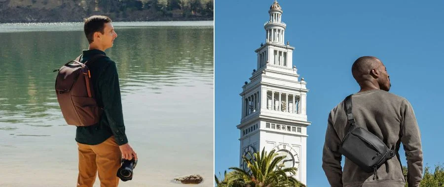 On the left is a man wearing a backpack with a camera in his hand, taking photos along a river. On the right, a man wears a sling bag in front of a white clock tower surrounded by palm trees.