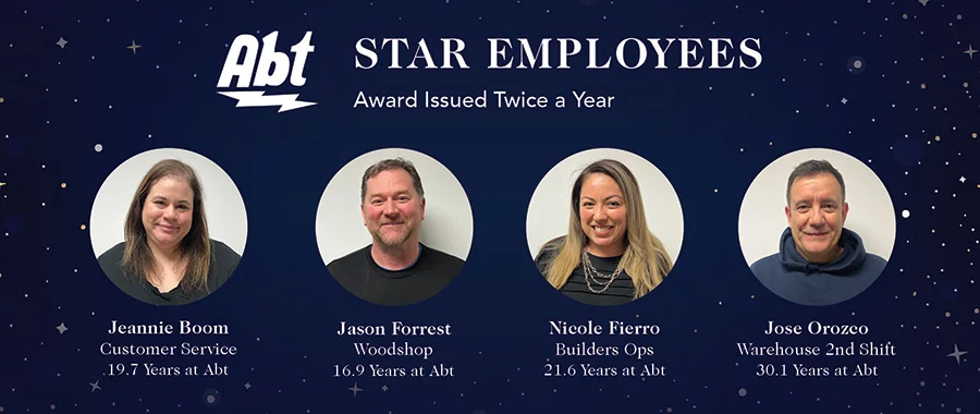 An Abt Star Employees graphic with photos of the four employees and their names, positions and time served at Abt