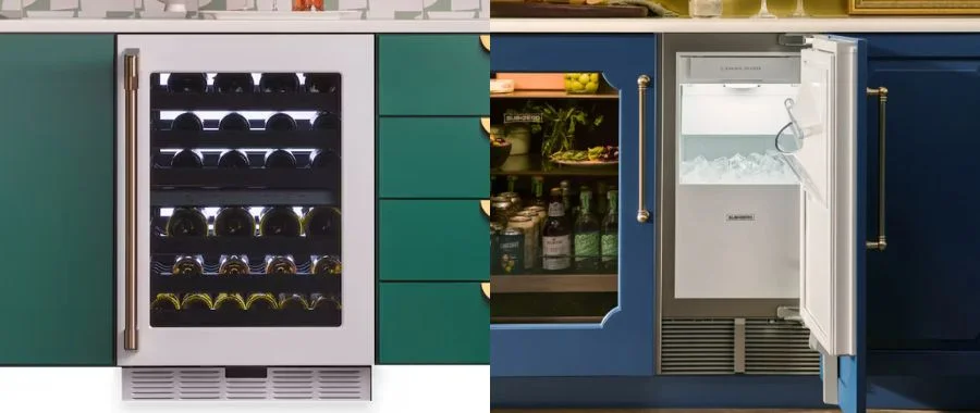 Side-by-side images of a stainless steel wine fridge and a wine fridge with blue door panel
