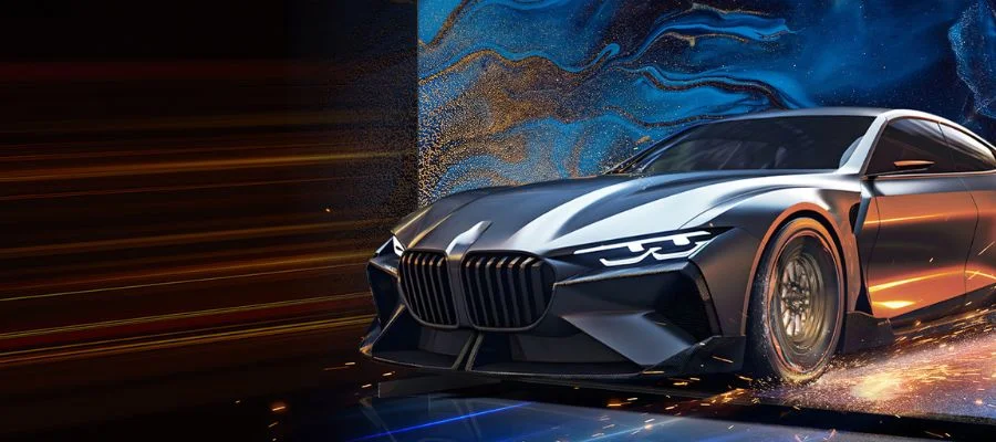 A sleek, grey car appearing to drive out of the screen of the QM7K.