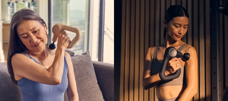 Side by side images of a grey-haired woman using the Theragun Relief on her shoulder, and a woman in a sports bra using the Theragun Prime on her bicep.