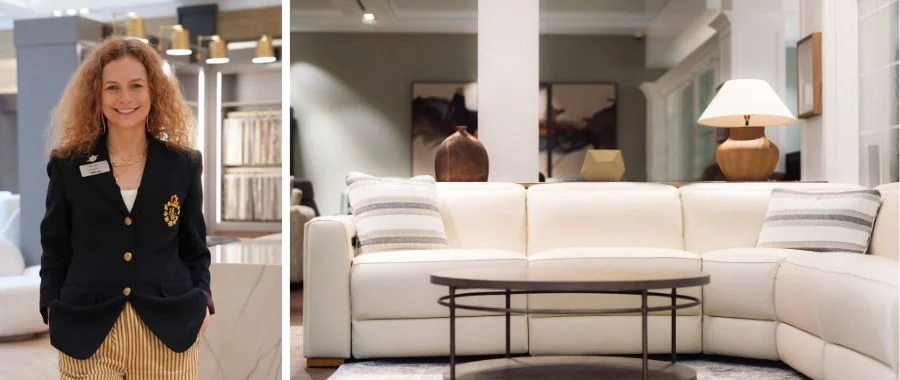 A photo of Riley Castino beside a scene in the furniture section at Abt featuring a white sectional and coffee table.