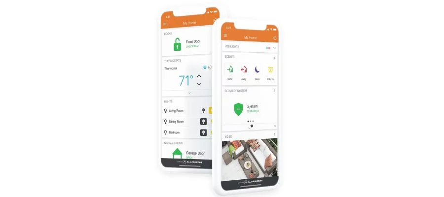 Two smartphones that showcase a security app, showing how you can lock the front door, arm your system and more.