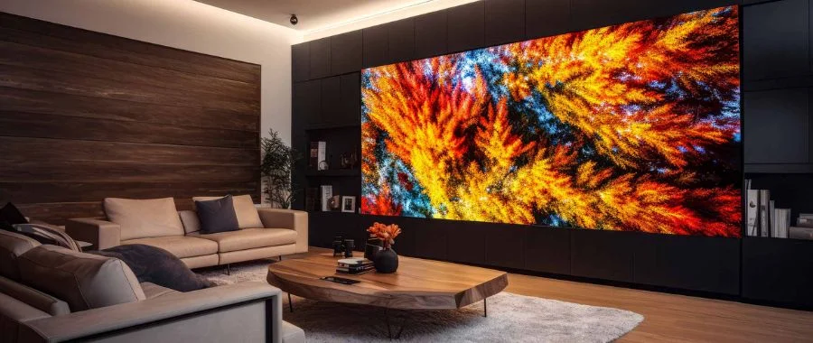 A video wall in a contemporary home theater with a coffee table, sofas and warm lighting