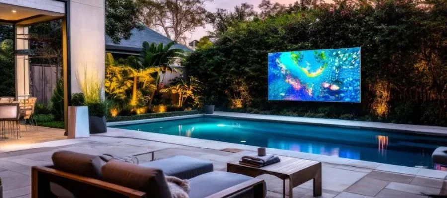 An outdoor theater setup with a massive TV screen/video wall on one side of a pool and chaise lounges on the other.
