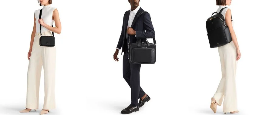 A TUMI crossbody, messenger bag and backpack being carried by three different people.