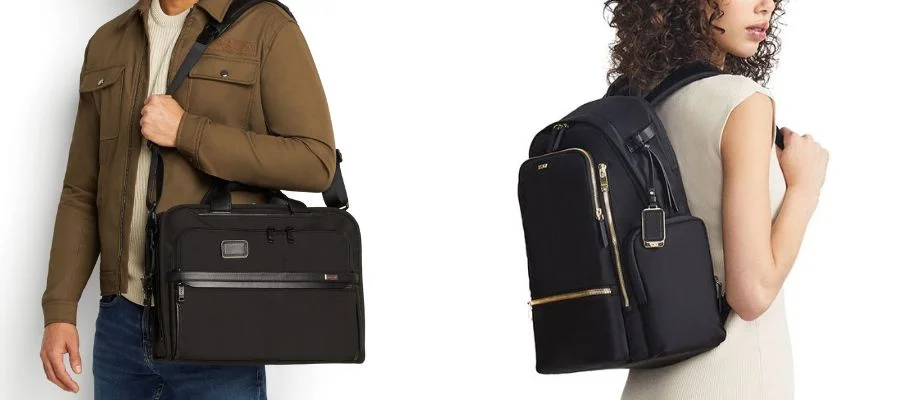 A TUMI briefcase being carried by a man and a woman carrying a TUMI backpack.