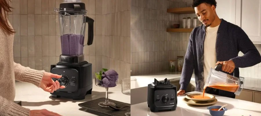 A person on the left uses a Vitamix blender to make a fruity frozen ice cream in a dish. On the right, a person pours soup from their Vitamix blender into a bowl.