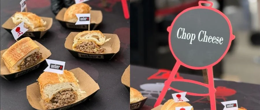 Individual chopped cheeses on a table, adorned with tiny flags with the Weber grill logo.
