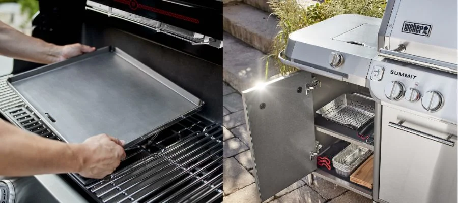 On the left is a griddle in the Weber crafted series. On the right, we see a cabinet in the Weber Summit where different members of the Weber Crafted system are stacked, like the deluxe grilling basket.